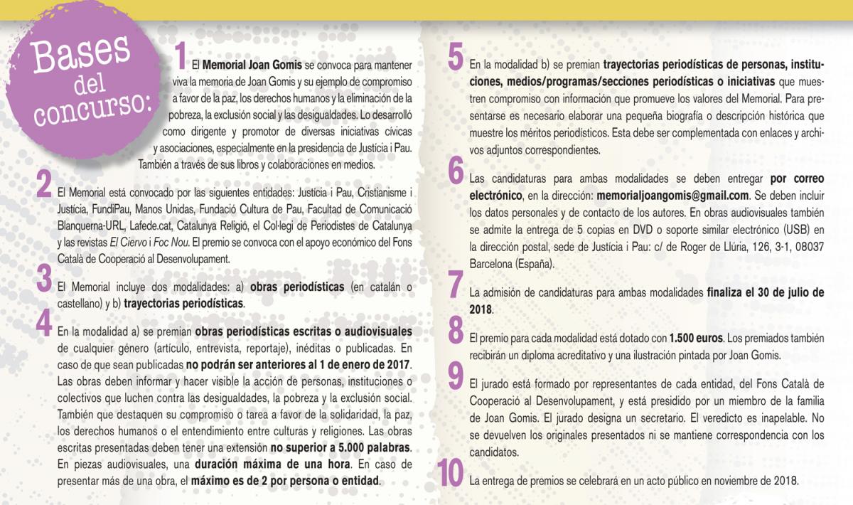 Abierta la participación al Premio de Periodismo Solidario "Memorial Joan Gomis 2018" Abierta la participación al Premio de Periodismo Solidario "Memorial Joan Gomis 2018"