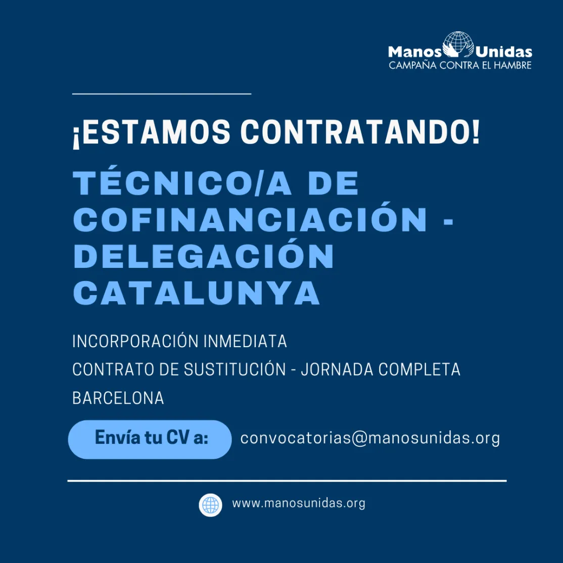 Convocatoria Técnico/a de Cofinanciación - Delegación de Manos Unidas en Catalunya