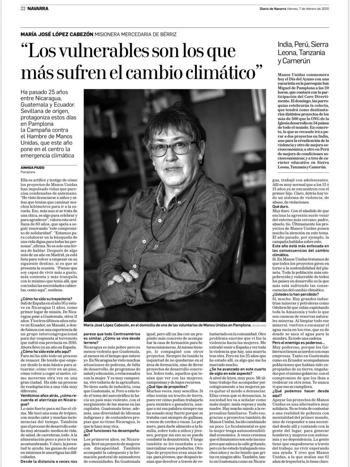 María José López Cabezón misionera mercedaria de Bérriz en Diario de Navarra
