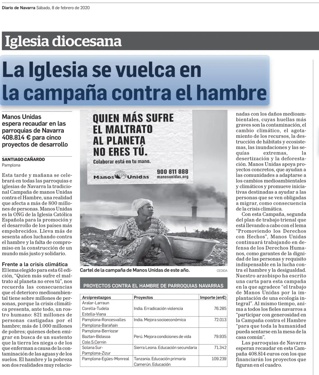 La Iglesia se vuelca en la campaña contra el hambre en Diario de Navarra