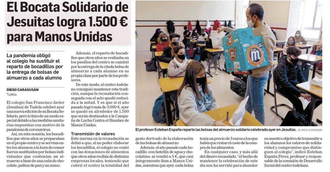 Diario de Navarra publica la recaudación del bocata solidario del colegio Jesuitas de Tudela para Manos Unidas
