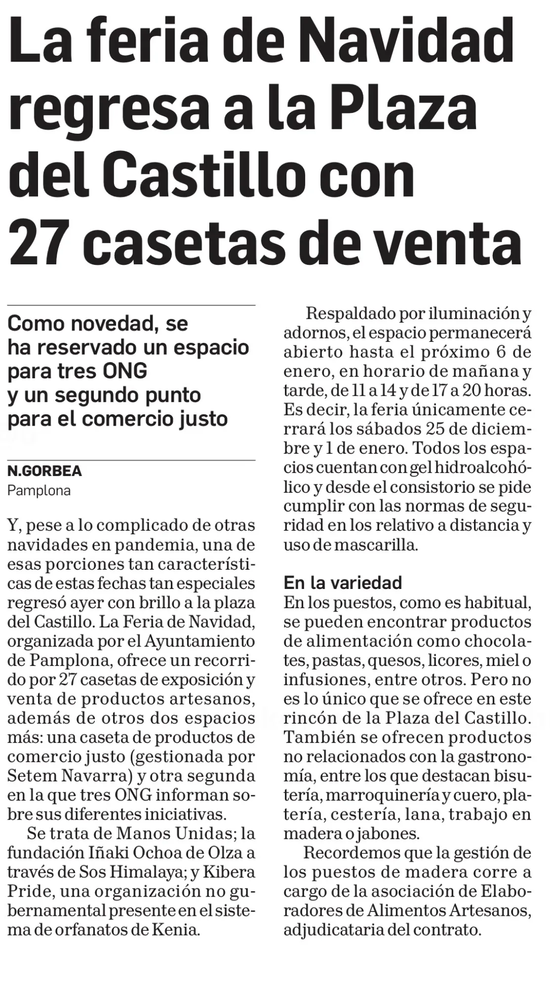 Manos Unidas acude a la Feria de Navidad del Ayuntamiento de Pamplona