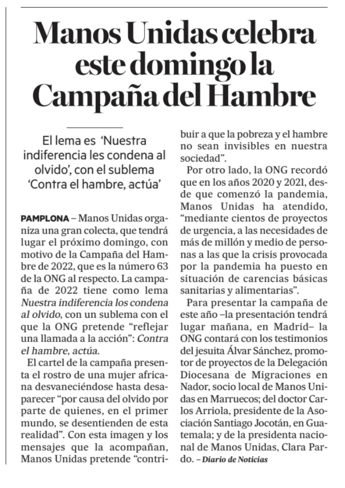 Diario de Noticias anuncia la Campaña 63 de Manos Unidas