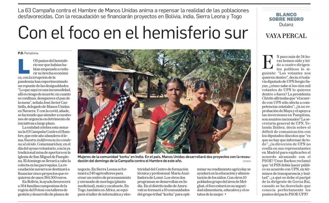 Diario de Navarra en su contraportada nos recuerda 'Poner el foco en el hemisferio sur'