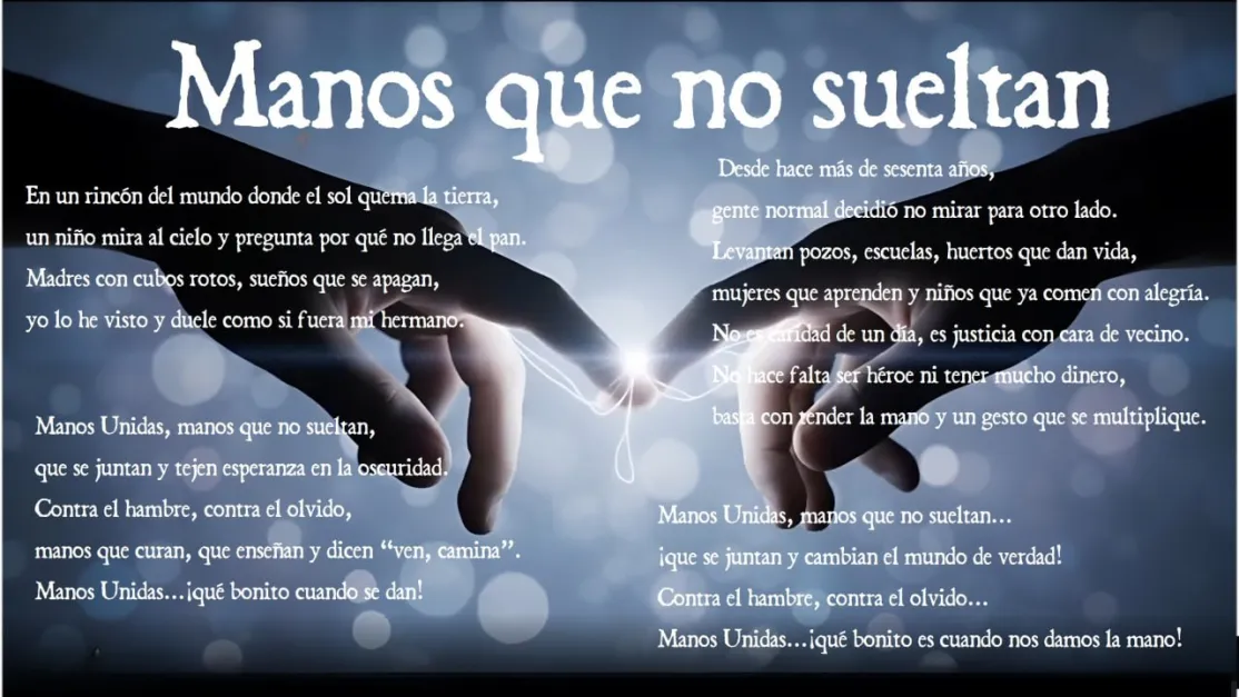 Manos que no sueltan.  Texto del poema sobre imagen de dos manos que se acercan.