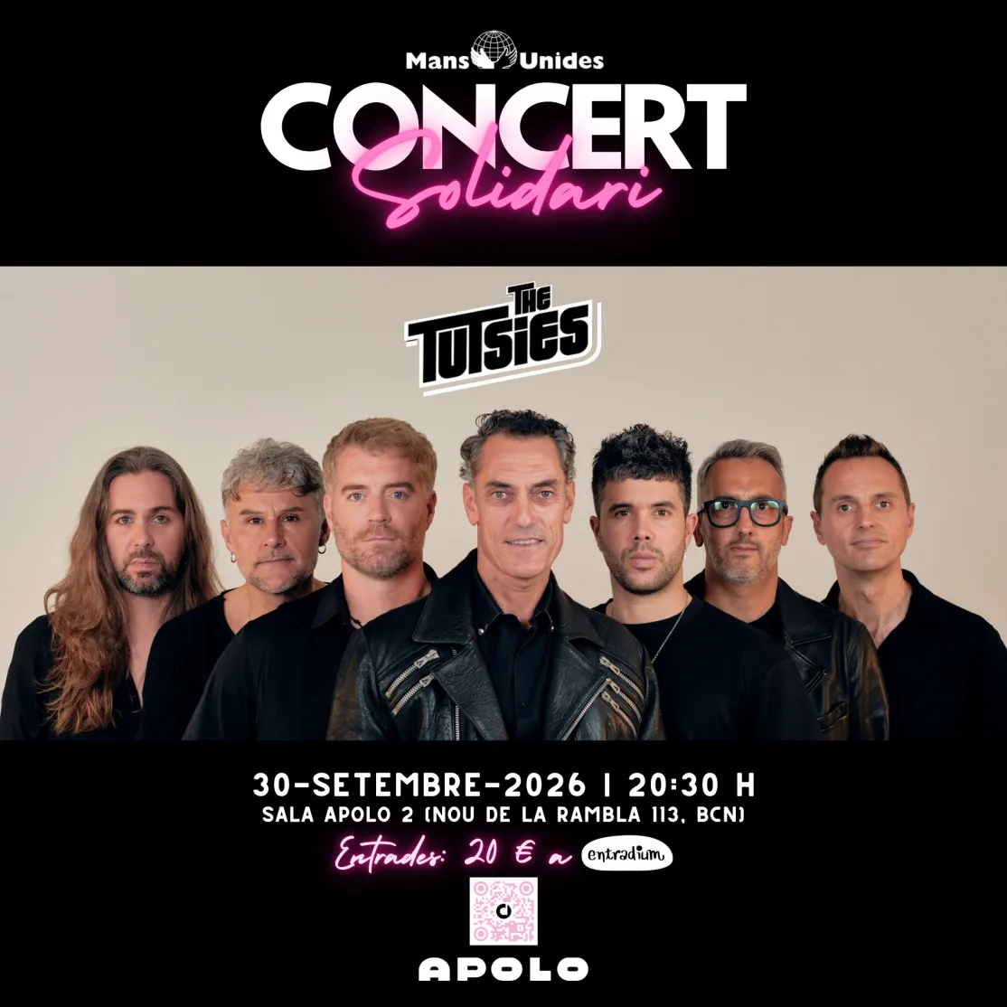 Cartel oficial del concierto de The Tutsies en 2026 a favor de Manos Unidas Barcelona