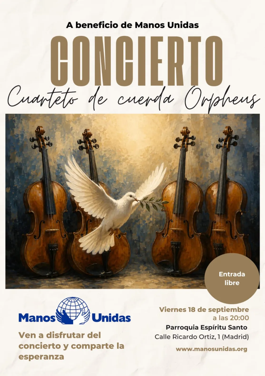 Cartel del concierto del cuarteto de cuerda Orpheus a beneficio de Manos Unidas