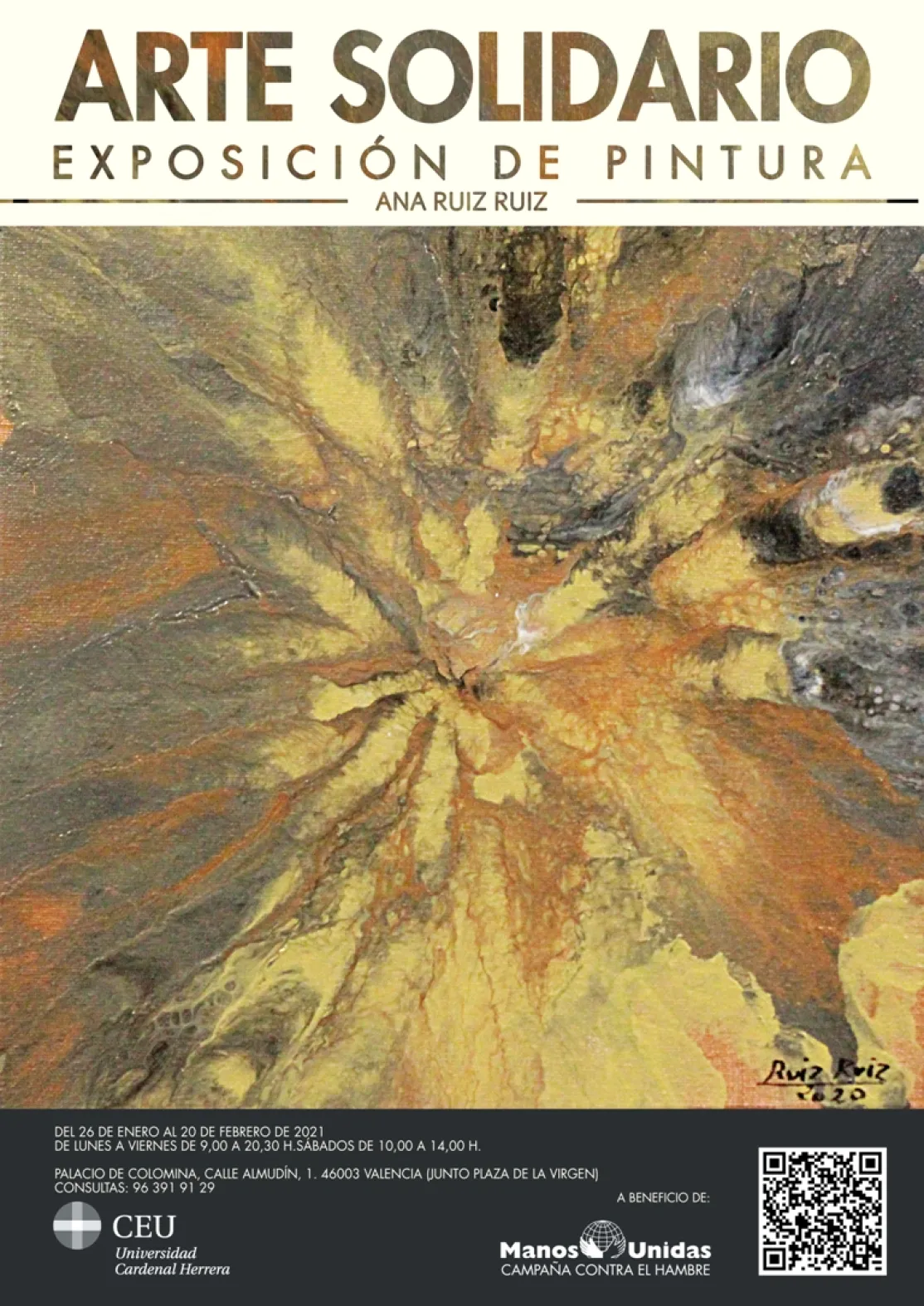 Cartel de la exposición Arte Solidario a beneficio de los proyectos de Manos Unidas Valencia.