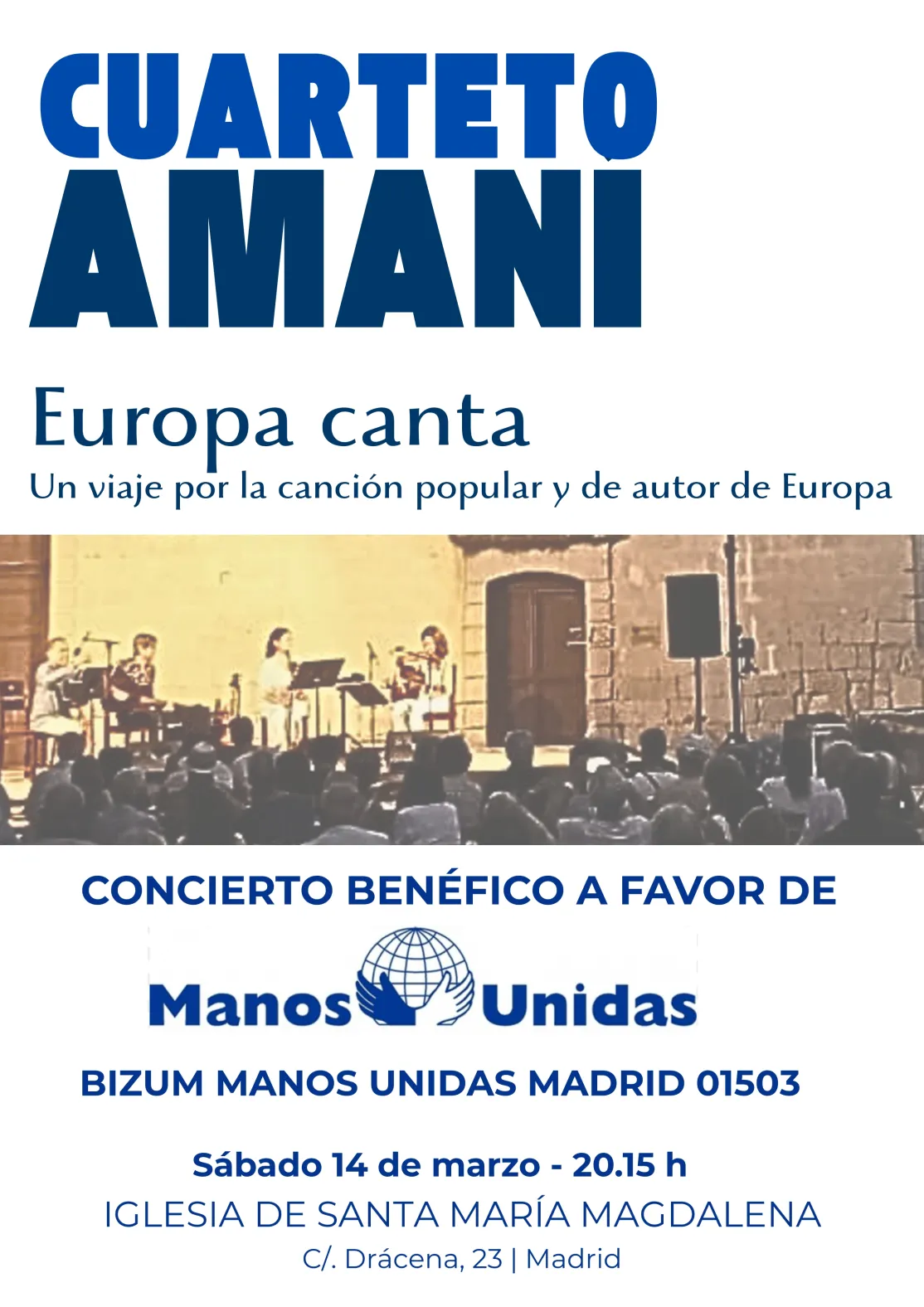 Cartel del concierto del Cuarteto AMANI en Sta. M. Magdalena a favor de Manos Unidas 2026