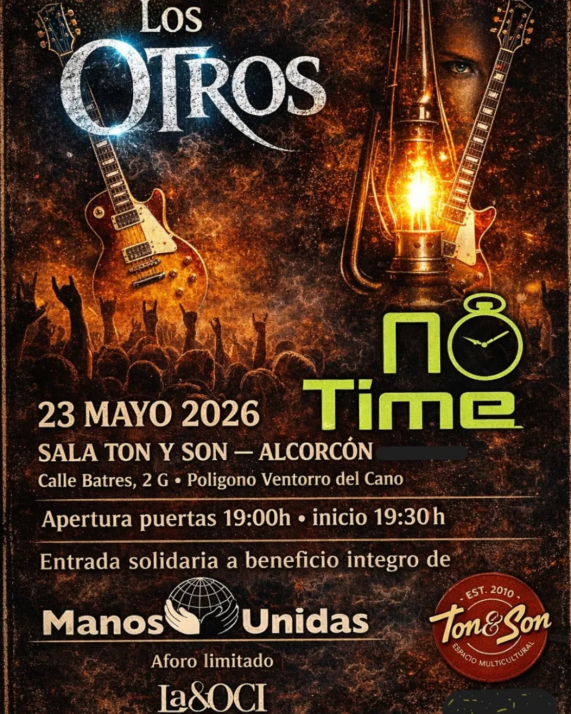 Cartel del concierto los grupos Los Otros y No Time a beneficio de Manos Unidas 