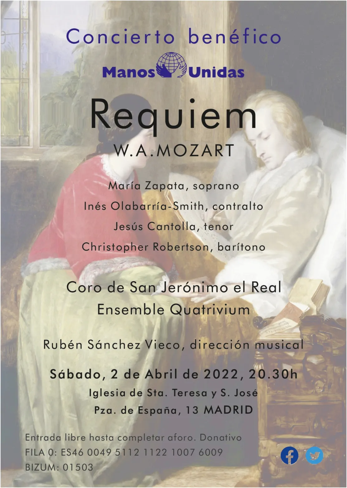 Cartel del concierto Requiem de  Mozart a beneficio de Manos Unidas