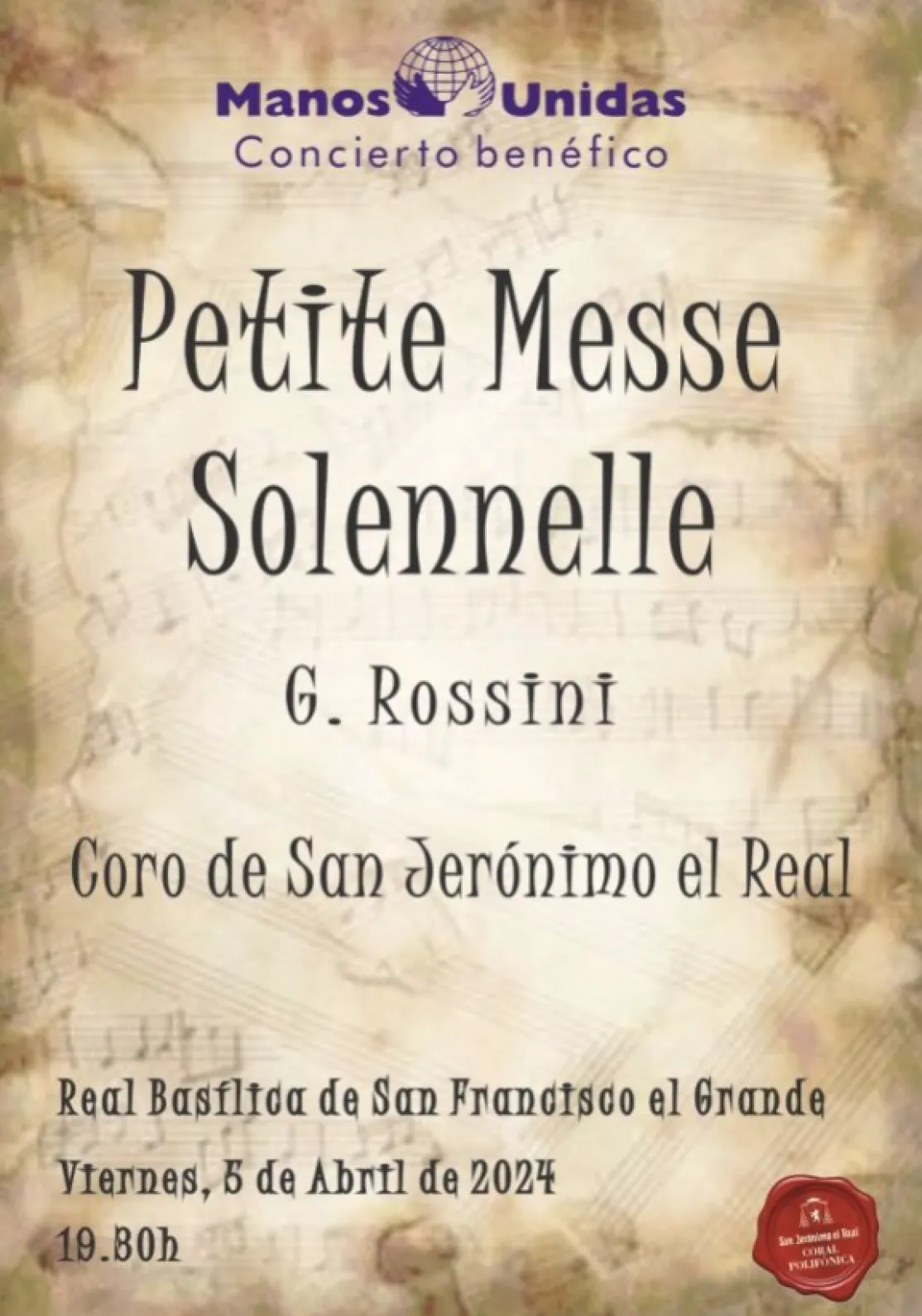 Cartel del concierto "Petite Messe Solennelle" por el coro de San Jerónimo el Real a beneficio de Manos Unidas