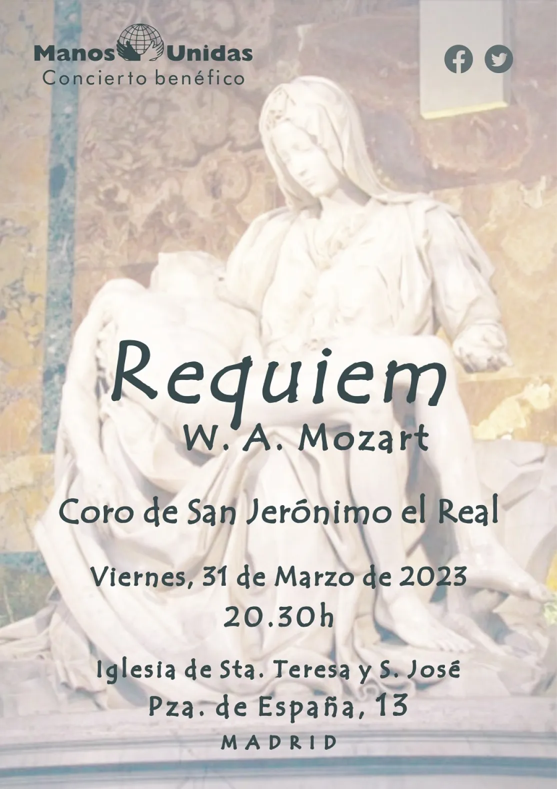 Cartel del concierto Requiem de  Mozart, por el coro de San Jerónimo el Real, a beneficio de Manos Unidas