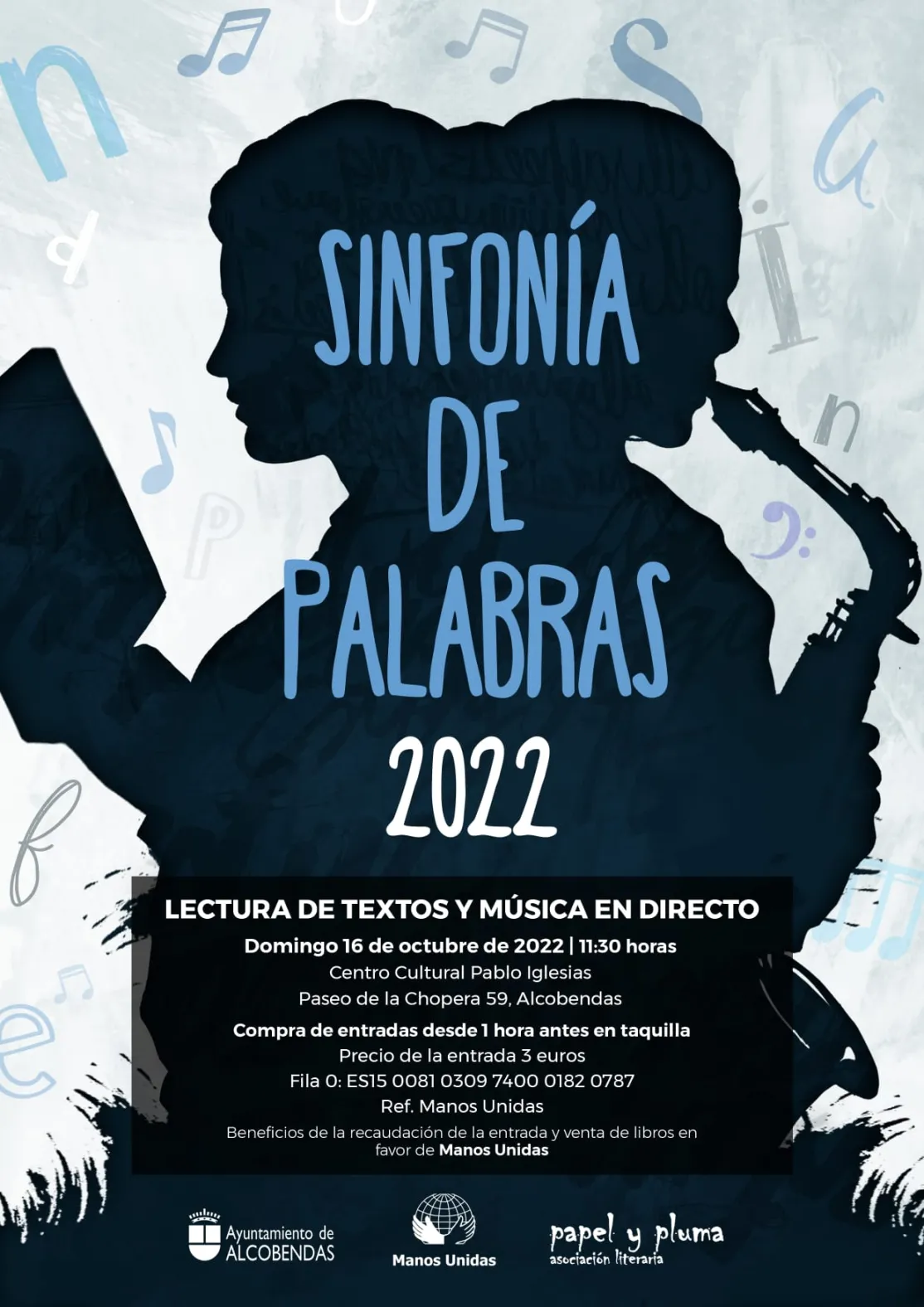 Cartel del espectáculo de Papel y Pluma 2022 en Alcobendas a beneficio de Manos Unidas