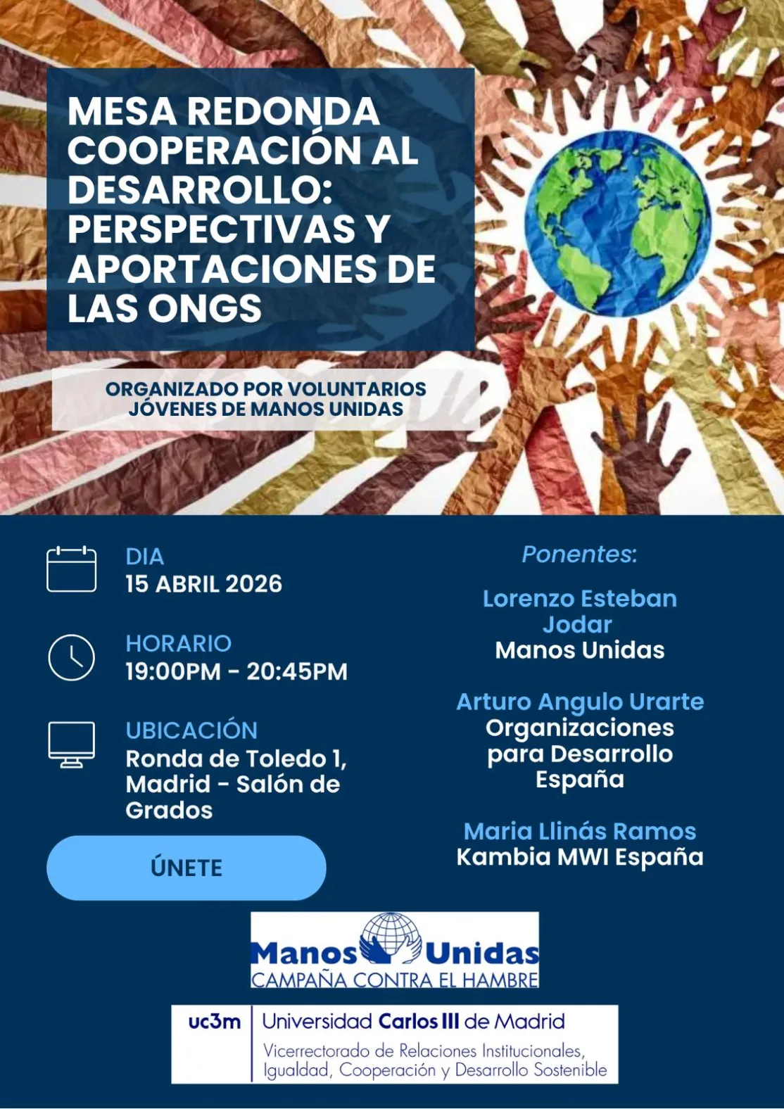 Cartel de la mesa redonda organizada por los jóvenes de Manos Unidas Madrid y la Universidad Carlos III 