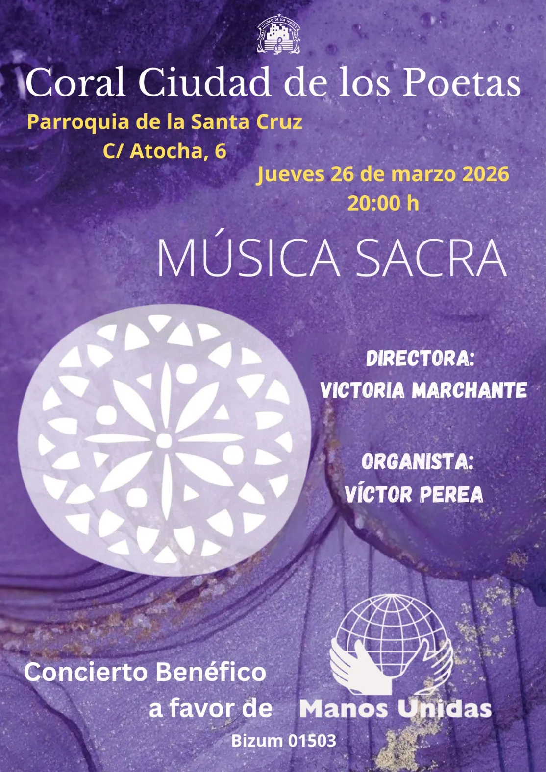 Cartel del concierto MUSICA SACRA en la parroquia de la Santa Cruz a favor de Manos Unidas 