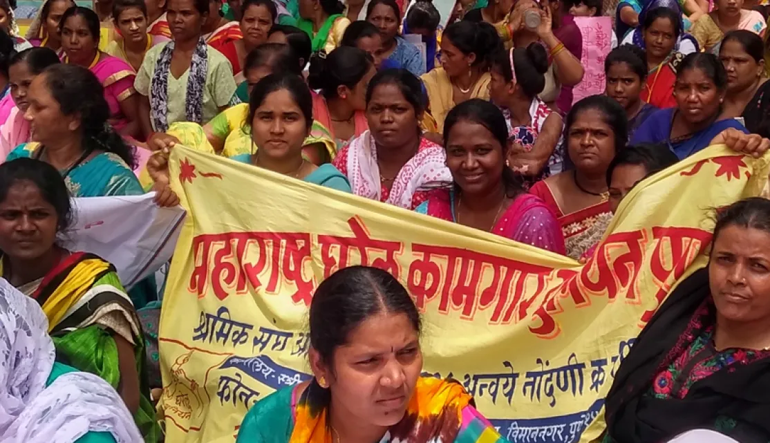 En la imagen, manifestación que reunió en Delhi a distintos sindicatos de empleadas de hogar a nivel nacional.