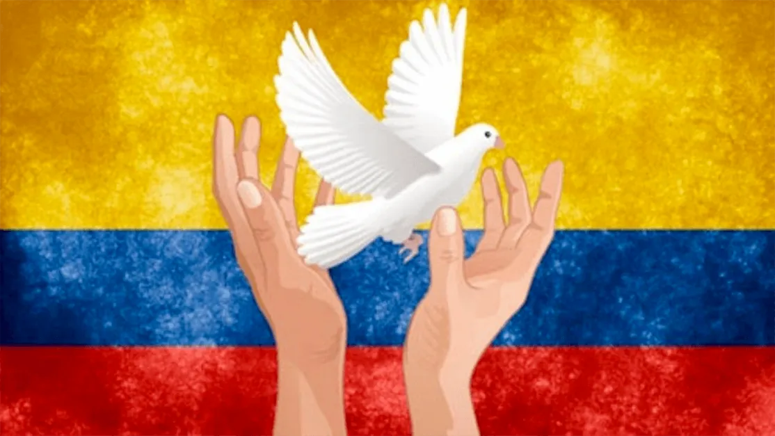 Ilustración de la paloma blanca de la paz sobre una bandera de Colombia
