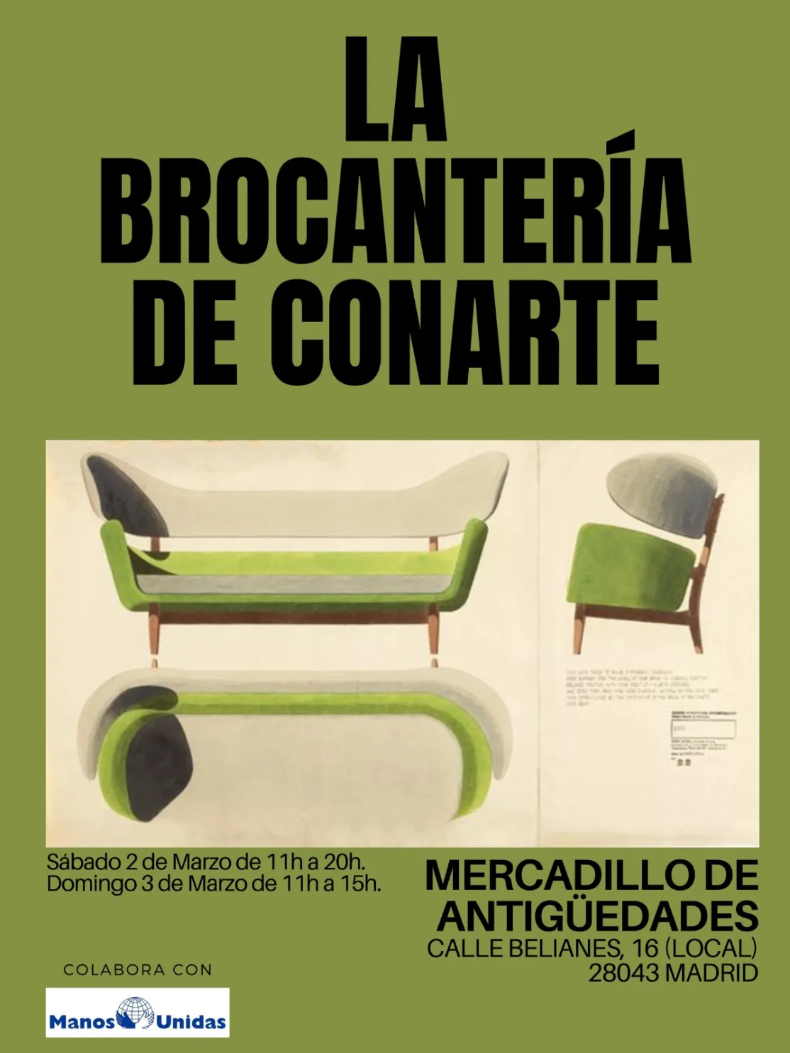 Cartel del mercadillo de antigüedades de La Brocantería de Conarte