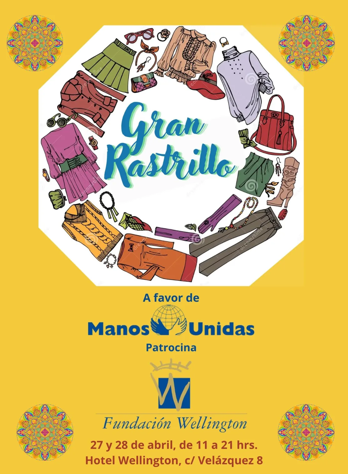 Cartel del rastrillo solidario del hotel Wellington a favor de Manos Unidas