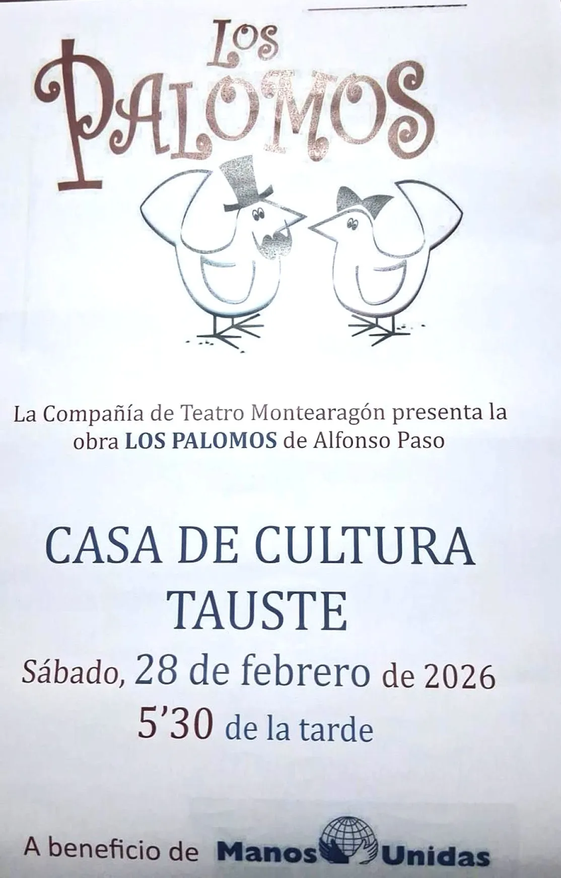 Cartel teatro solidario "Los palomos" en Tauste
