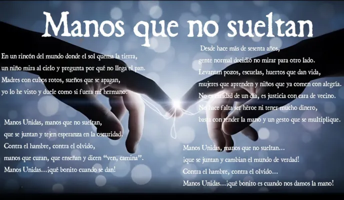 Manos que no sueltan.  Texto del poema sobre imagen de dos manos que se acercan.