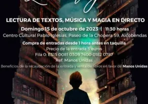 Cartel del espectáculo de Papel y Pluma 2023 en Alcobendas a beneficio de Manos Unidas