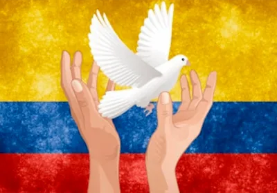 Ilustración de la paloma blanca de la paz sobre una bandera de Colombia