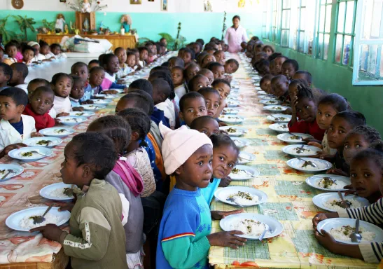 Numerosos niños están sentados alrededor de largas mesas mientras comen en un comedor escolar, acompañados por una mujer adulta al fondo.