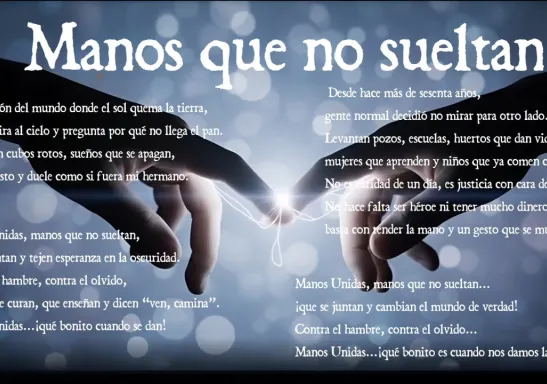 Manos que no sueltan.  Texto del poema sobre imagen de dos manos que se acercan.