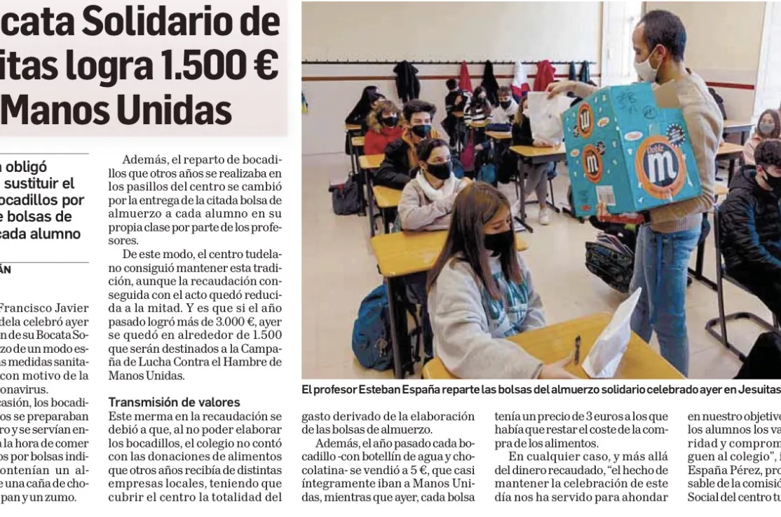 Diario de Navarra publica la recaudación del bocata solidario del colegio Jesuitas de Tudela para Manos Unidas