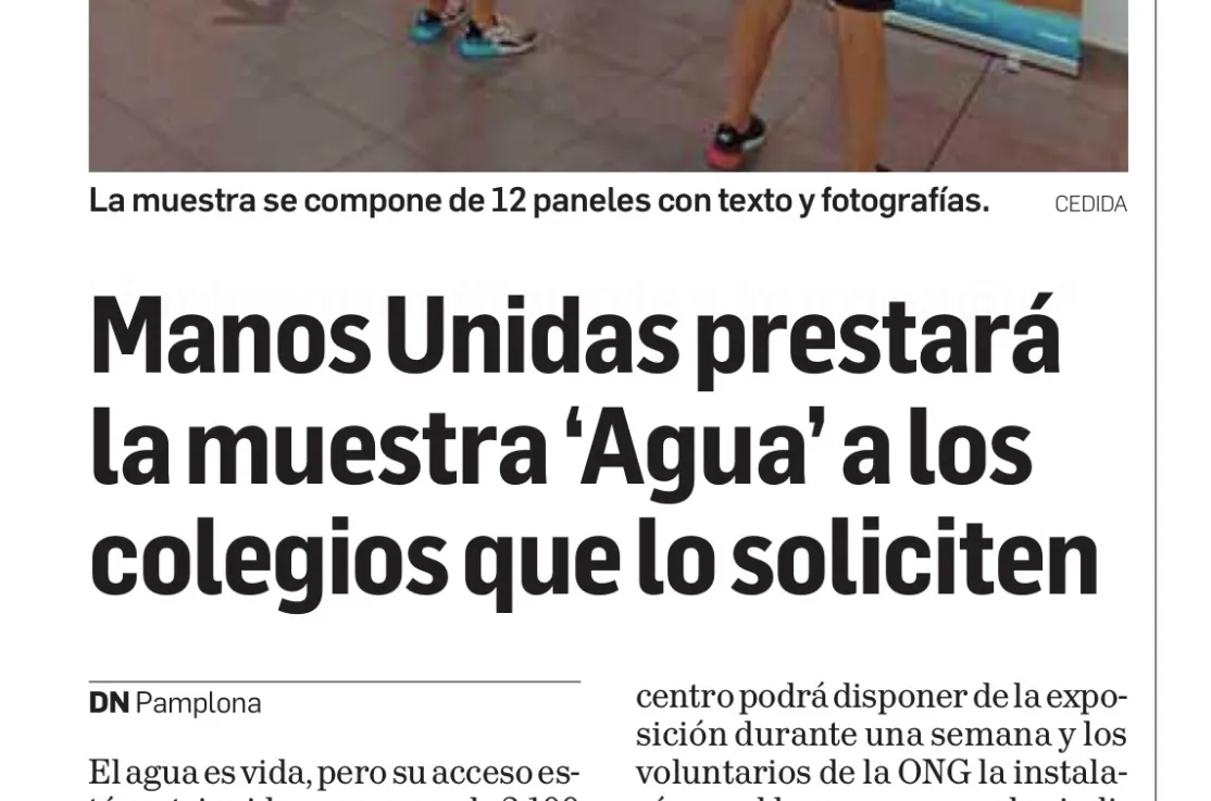Diario de Navarra publica el ofrecimiento de la exposición del agua de Manos Unidas a los colegios de Navarra
