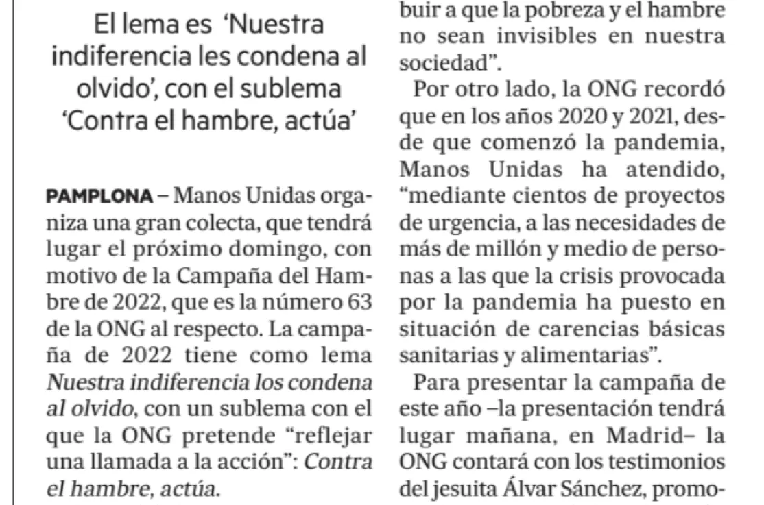 Diario de Noticias anuncia la Campaña 63 de Manos Unidas