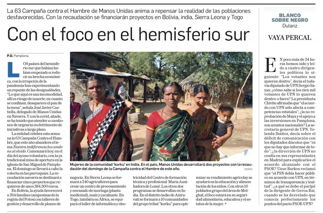 Diario de Navarra en su contraportada nos recuerda 'Poner el foco en el hemisferio sur'