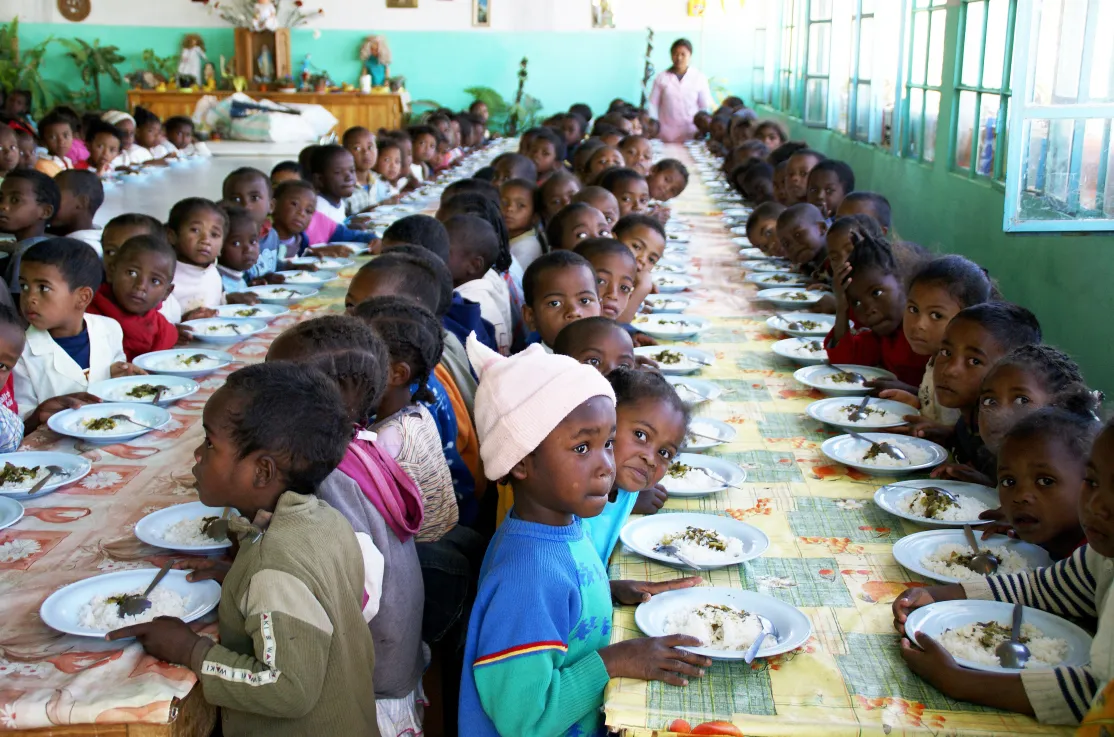 Numerosos niños están sentados alrededor de largas mesas mientras comen en un comedor escolar, acompañados por una mujer adulta al fondo.