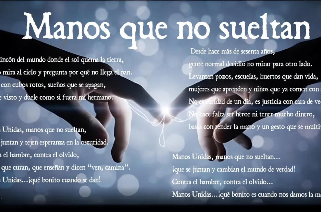 Manos que no sueltan.  Texto del poema sobre imagen de dos manos que se acercan.
