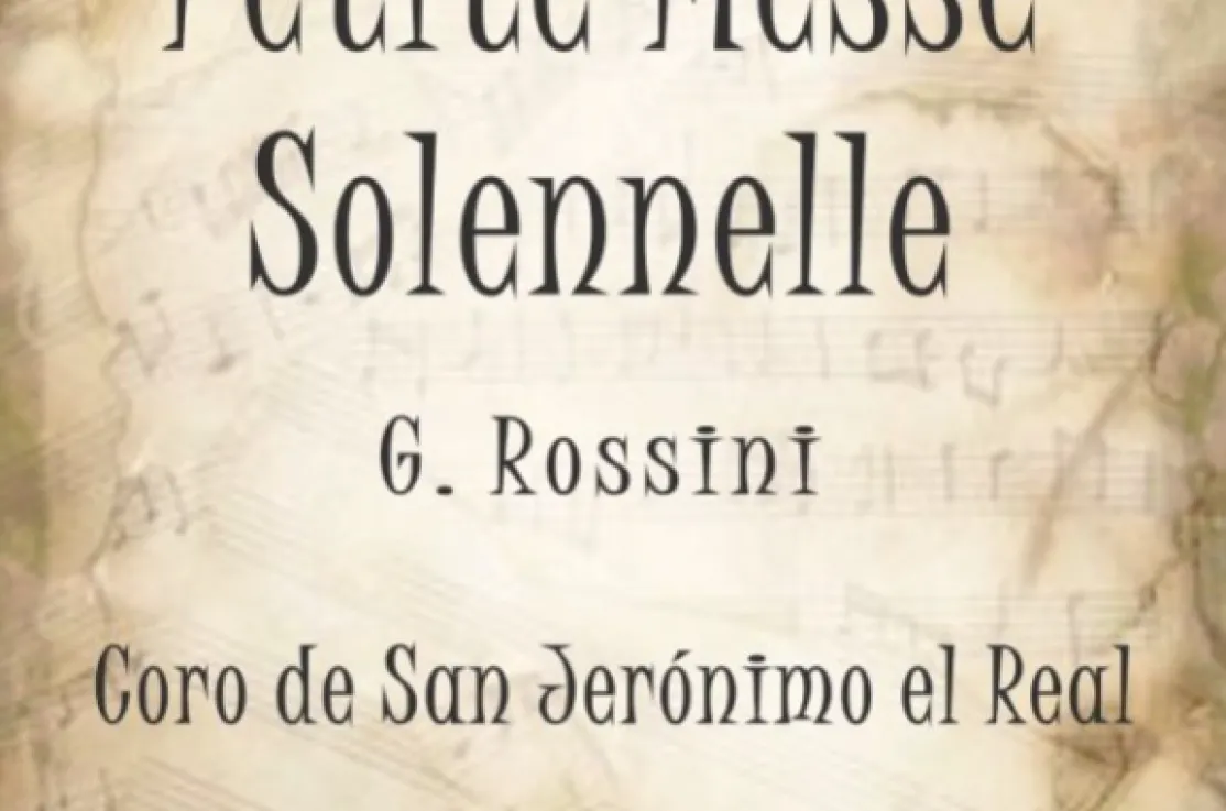 Cartel del concierto "Petite Messe Solennelle" por el coro de San Jerónimo el Real a beneficio de Manos Unidas