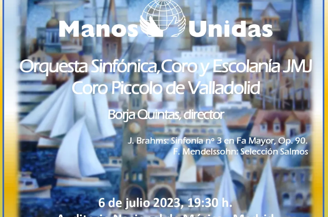 Cartel del VI concierto Voces Unidas de la orquesta de la JMJ a favor de Manos Unidas
