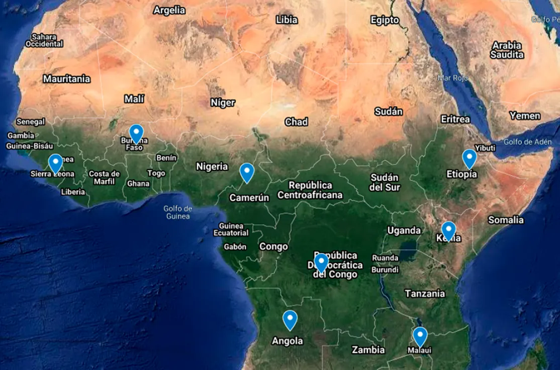 Mapa de los proyectos de emergencia contra el coronavirus en África