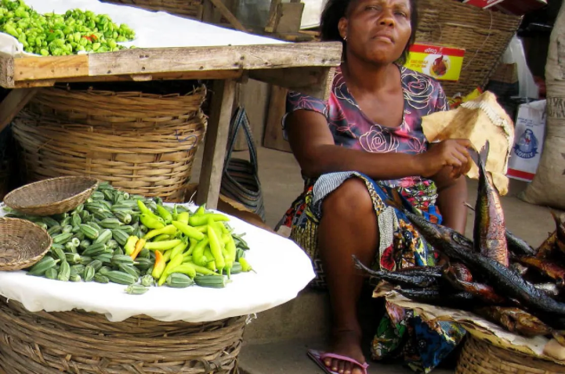 Manos Unidas ONG - Una mujer ofrece sus pescados en el mercado de Hanoukope. | Imagen: Togo - Carmen Lacalle.