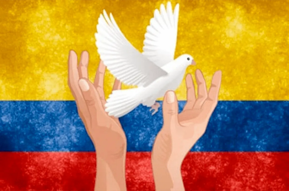 Ilustración de la paloma blanca de la paz sobre una bandera de Colombia