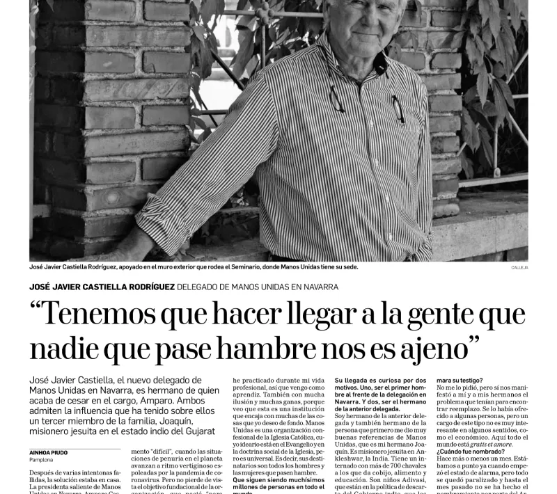 Diario de Navarra recoge la entrevista a José Javier Castiella, nuevo delegado de Manos Unidas Pamplona