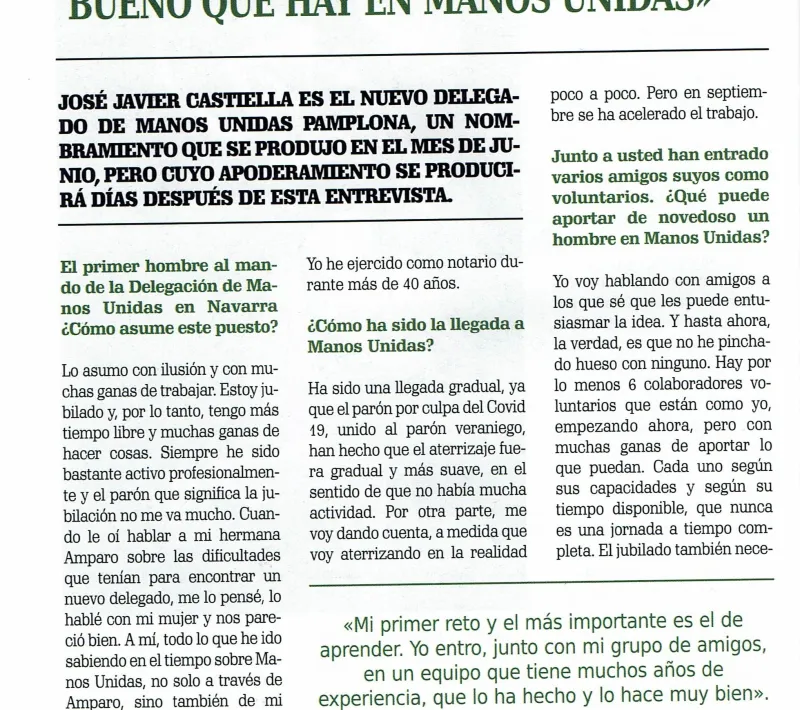 La Verdad entrevista a José Javier Castiella, nuevo delegado de Manos Unidas Pamplona