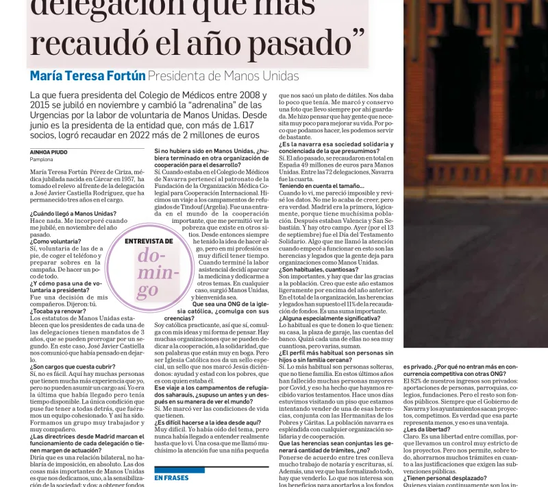 Entrevista en el Diario de Navarra a Mª Teresa Fortún, nueva delegada de Manos Unidas de Pamplona