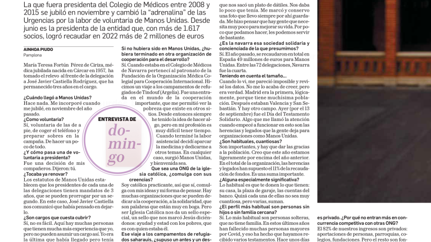 Entrevista en el Diario de Navarra a Mª Teresa Fortún, nueva delegada de Manos Unidas de Pamplona