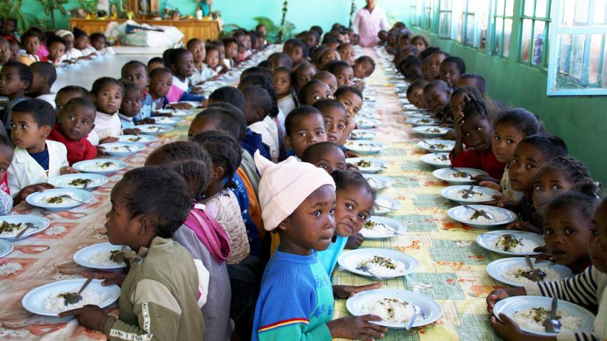 Numerosos niños están sentados alrededor de largas mesas mientras comen en un comedor escolar, acompañados por una mujer adulta al fondo.
