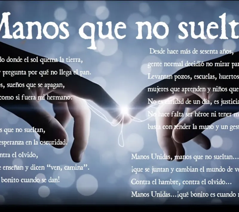 Manos que no sueltan.  Texto del poema sobre imagen de dos manos que se acercan.