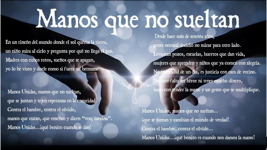 Manos que no sueltan.  Texto del poema sobre imagen de dos manos que se acercan.