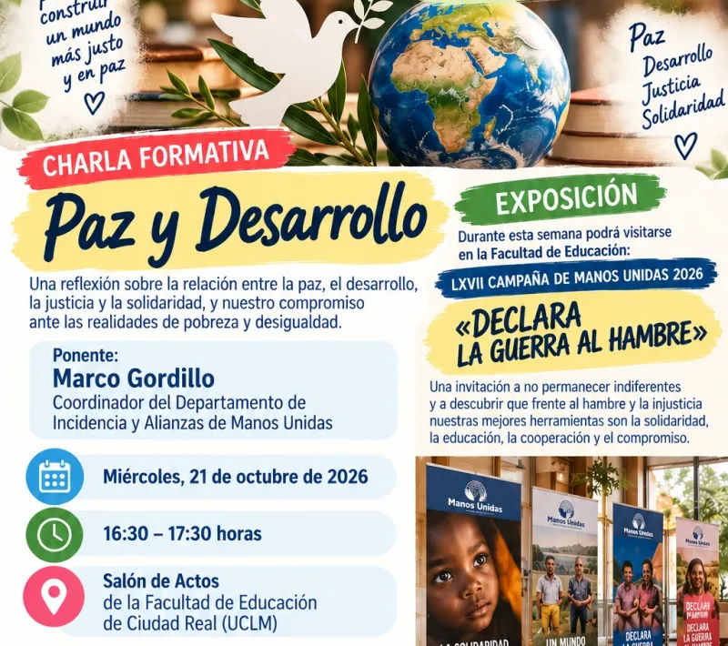 Cartel Charla formativa de Manos Unidas en la Universidad.