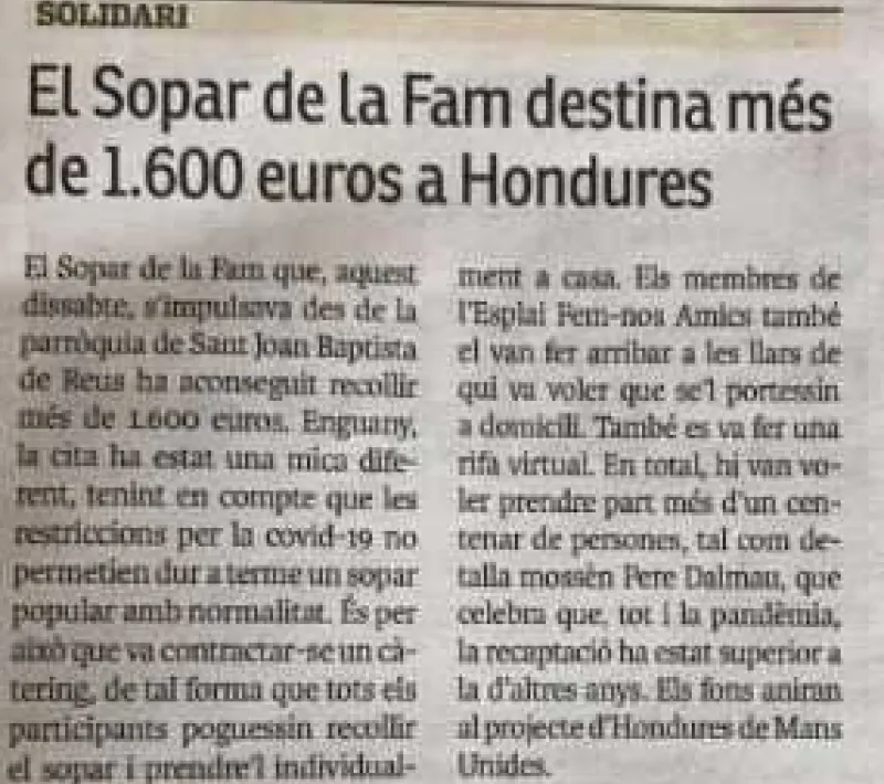Cena Solidaria en la parroquia Sant Joan Baptista de Reus